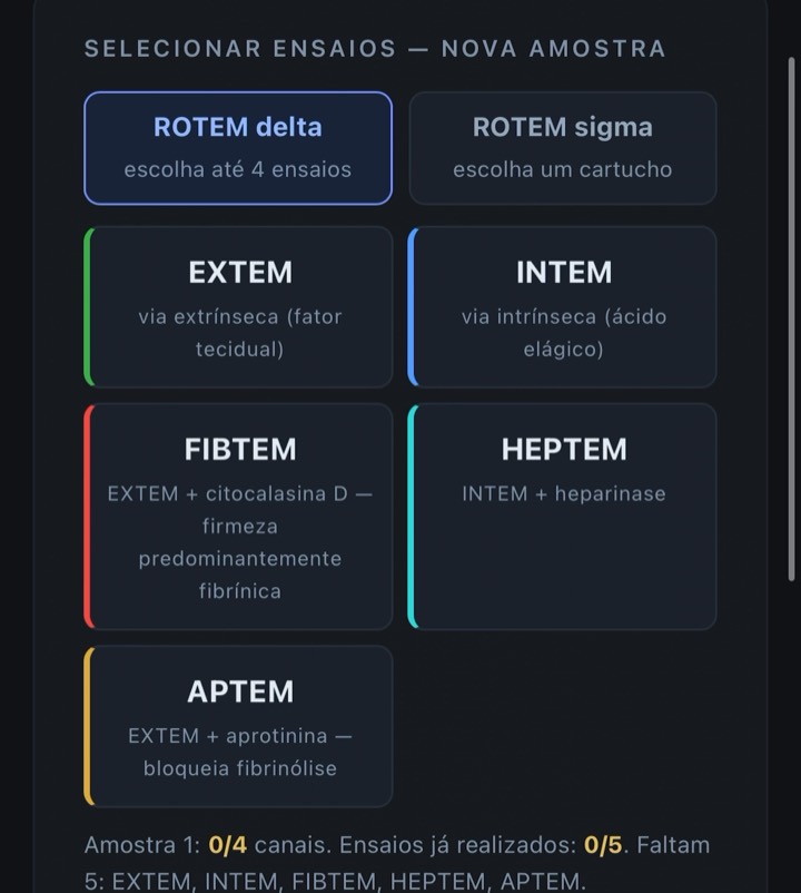 Tela de seleção de ensaios com EXTEM, INTEM, FIBTEM, HEPTEM e APTEM, e o aviso de que o relógio está pausado.